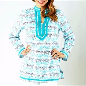 Tracy Negoshian White & Teal Elephants Abby Tunic
